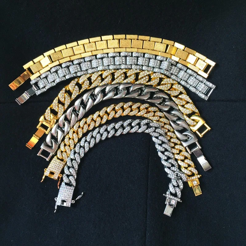 Мужской браслет в стиле хип-хоп из толстой меди со стразами 20 см Золотое и