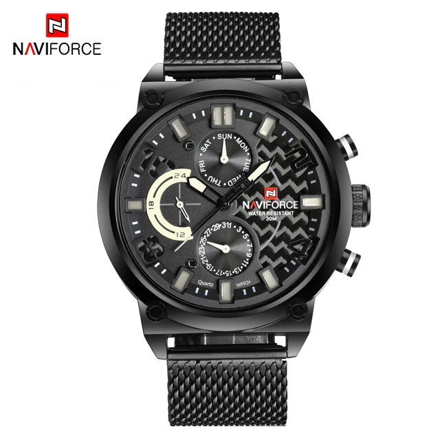 Black White NAVIFORCE, мужские часы с хронографом, стальной сетчатый ремешок, кварцевые наручные часы, водонепроницаемые, с датой, мужские военные аналоговые часы, Relogio Masculino - Цвет: Black White