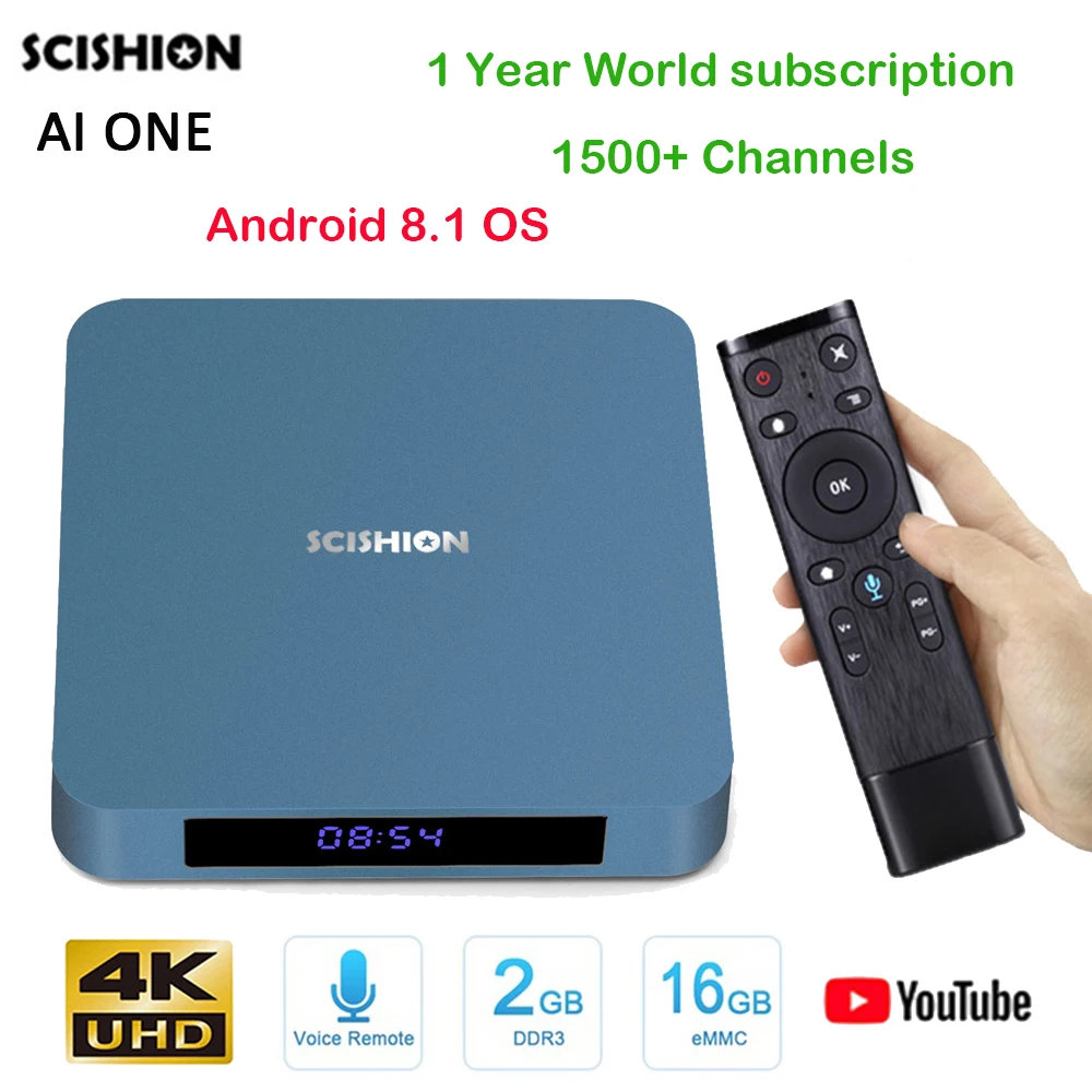 SCISHION AI One Android 8 1 ТВ приставка RK3328 Голосовое управление 2G 16G 4K умный медиаплеер + год
