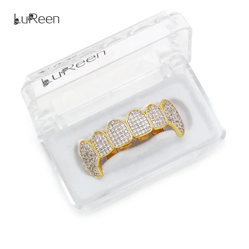 LuReen микро Pave кубический циркон золотые зубы гриллстоп и дно Iced Out грили стоматологический вампир Клык грили ювелирные изделия