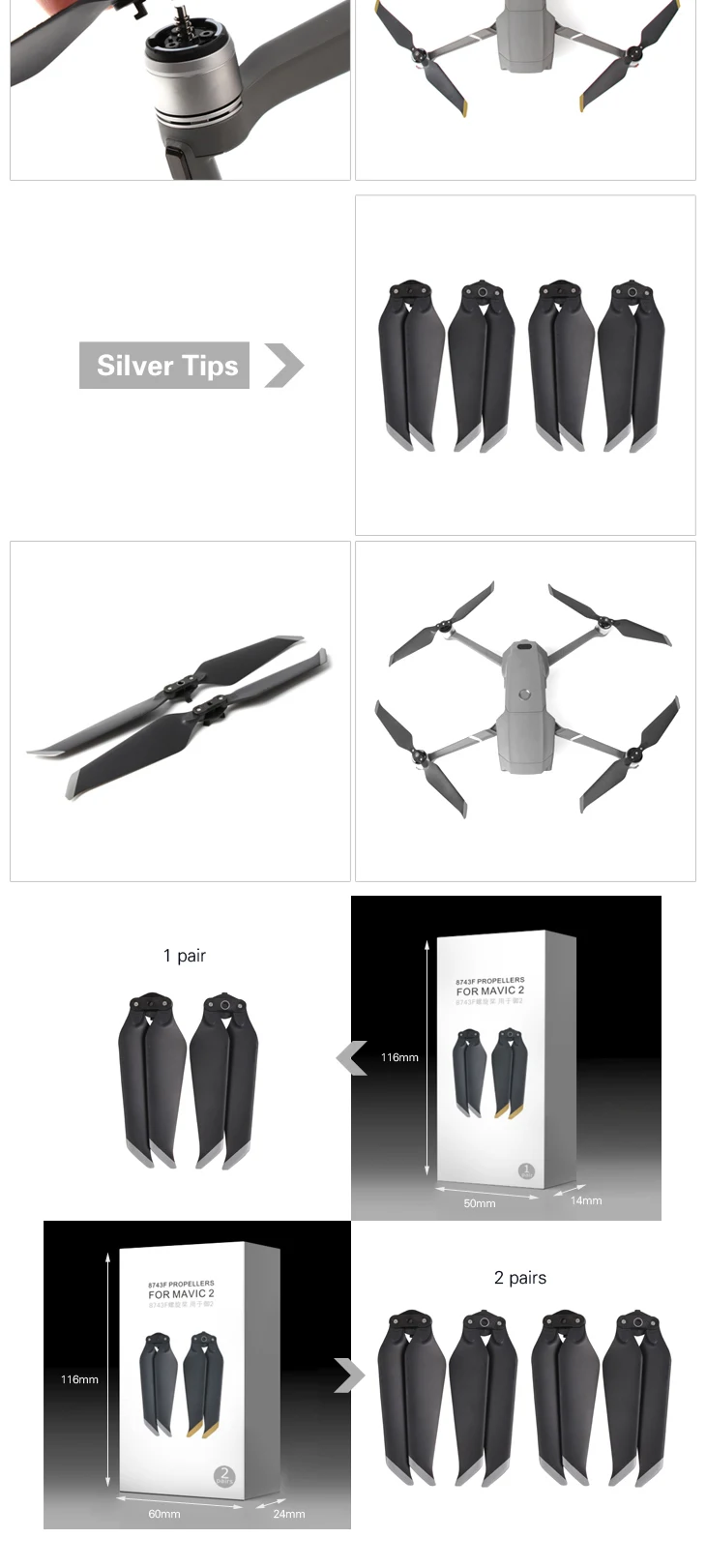 1 пара 8743 CW CCW Mavic 2 Pro Zoom Propeller 8743F малошумные пропеллеры быстросъемное лезвие дрона Siver Неоригинальное