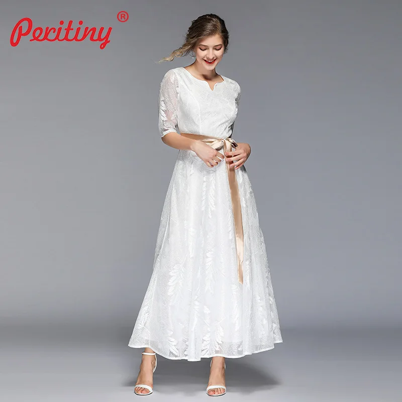 Peritiny 2019 Летнее Длинное платье белое кружевное Мягкое с коротким рукавом и