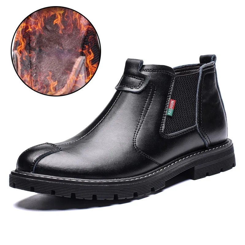 Black Winter Boots Misalwa/Новинка; Прямая поставка; мужские зимние ботинки; зимняя обувь с мехом; сезон осень; износостойкие рабочие ботинки без шнуровки; кожаные ботинки; Botas hombre - Цвет: Black Winter Boots
