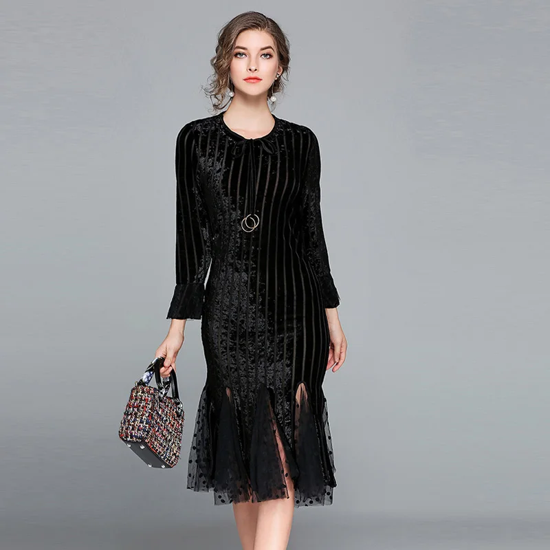 2017 осеннее Новое Женское винтажное кружевное бархатное лоскутное платье русалки