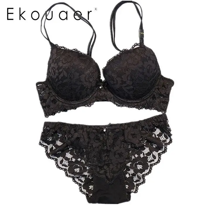 Black Ekouaer, сексуальный комплект с бюстгальтером, пуш-ап, комплект нижнего белья для женщин, кружевной, Цветочный, на косточках, с застежкой сзади, бюстгальтер, трусики, комплект с бюстгальтером, костюмы - Цвет: Black