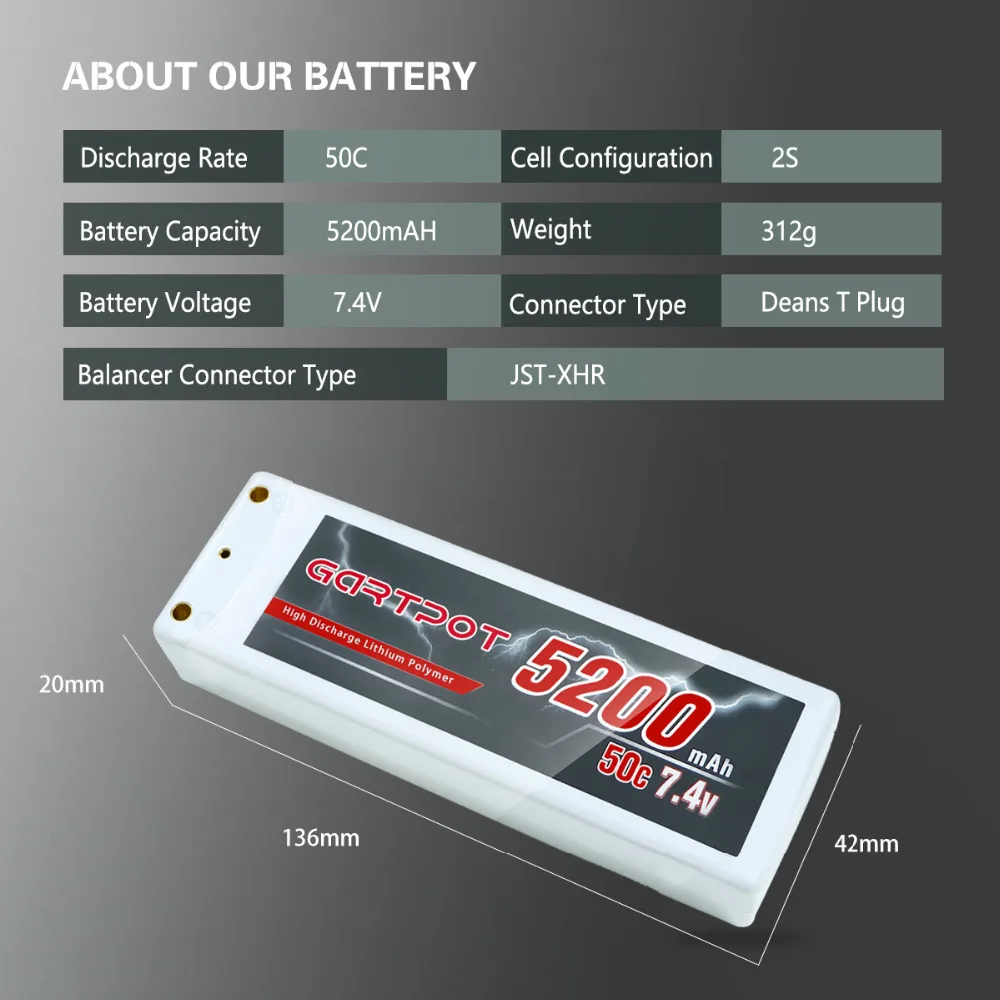 Аккумулятор GARTPOT 7 4 В Lipo 5200 мАч 2S 50C для радиоуправляемого автомобиля аккумулятор