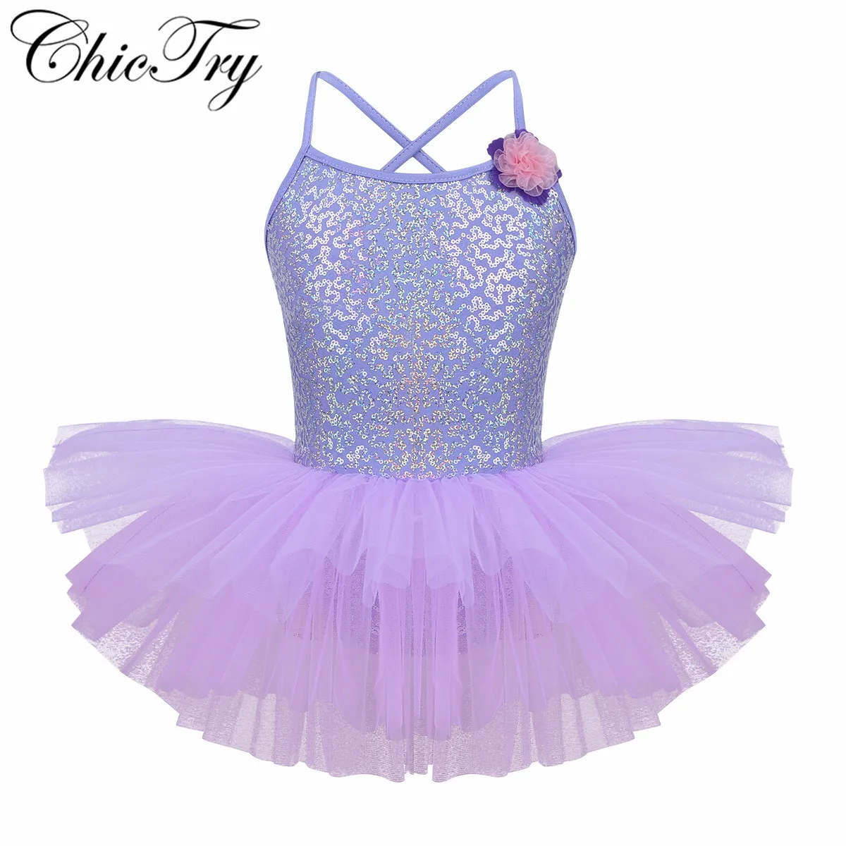 

Cute Lavender Kids Little Girls Spaghetti Shoulder Straps Sequins Flowers Ballet Dance Gymnastics Leotard Tutu Dancing Dreses