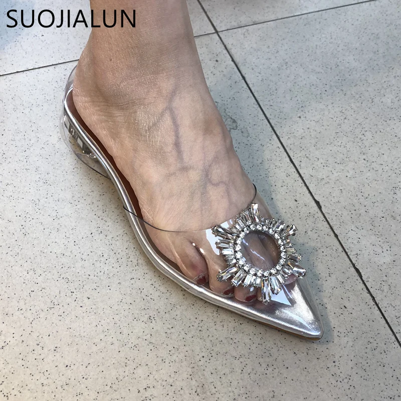 SUOJIALUN/Новинка года; фирменный дизайн; женские босоножки; элегантные туфли без задника с острым носком, украшенные кристаллами; обувь без задника на низком каблуке; прозрачная Уличная обувь