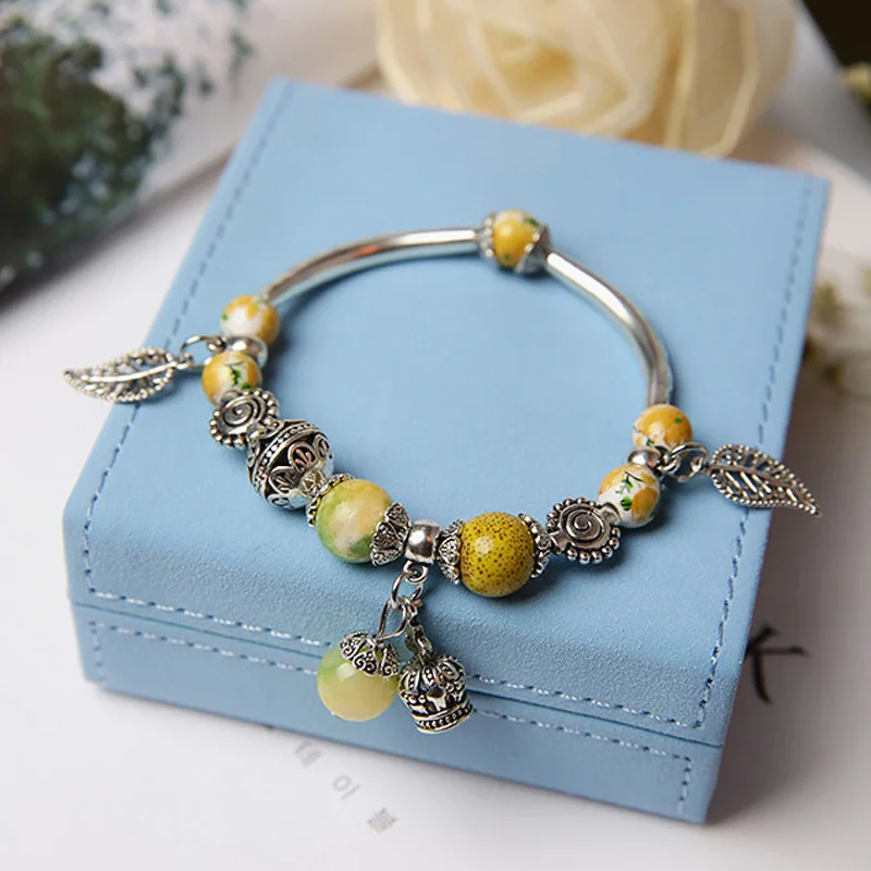 Charm Bracelet &amp Bangle Antique Silver Color Beads Leaf Crown Pendant Party Jewelry Gift For Women Girl | Украшения и