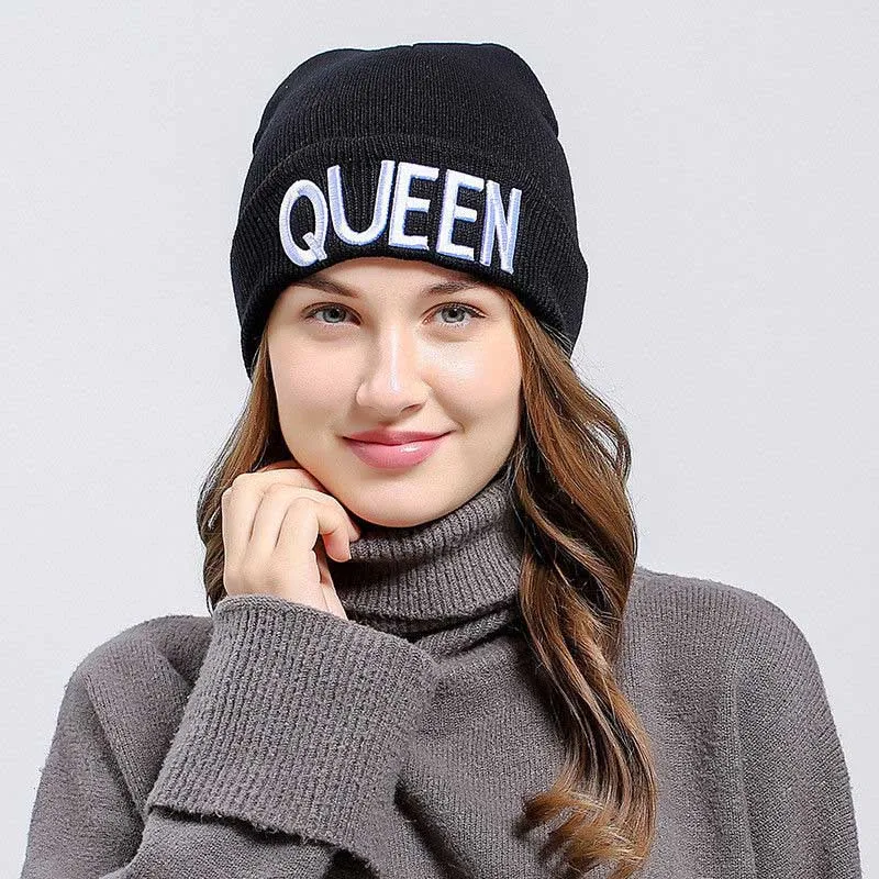 

Winter Warm Skullies Beanies Knit KING QUEEN Hat Skullies Bonnet Hats For Men Women Beanie Ski Embroidery Cap