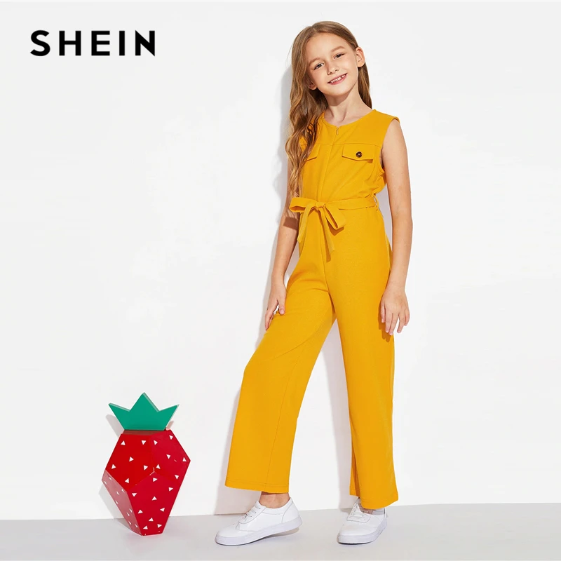 SHEIN/Детский комбинезон на молнии спереди в стиле бохо для девочек с поясом; коллекция года; летний повседневный комбинезон без рукавов для отдыха; детские комбинезоны с широкими штанинами