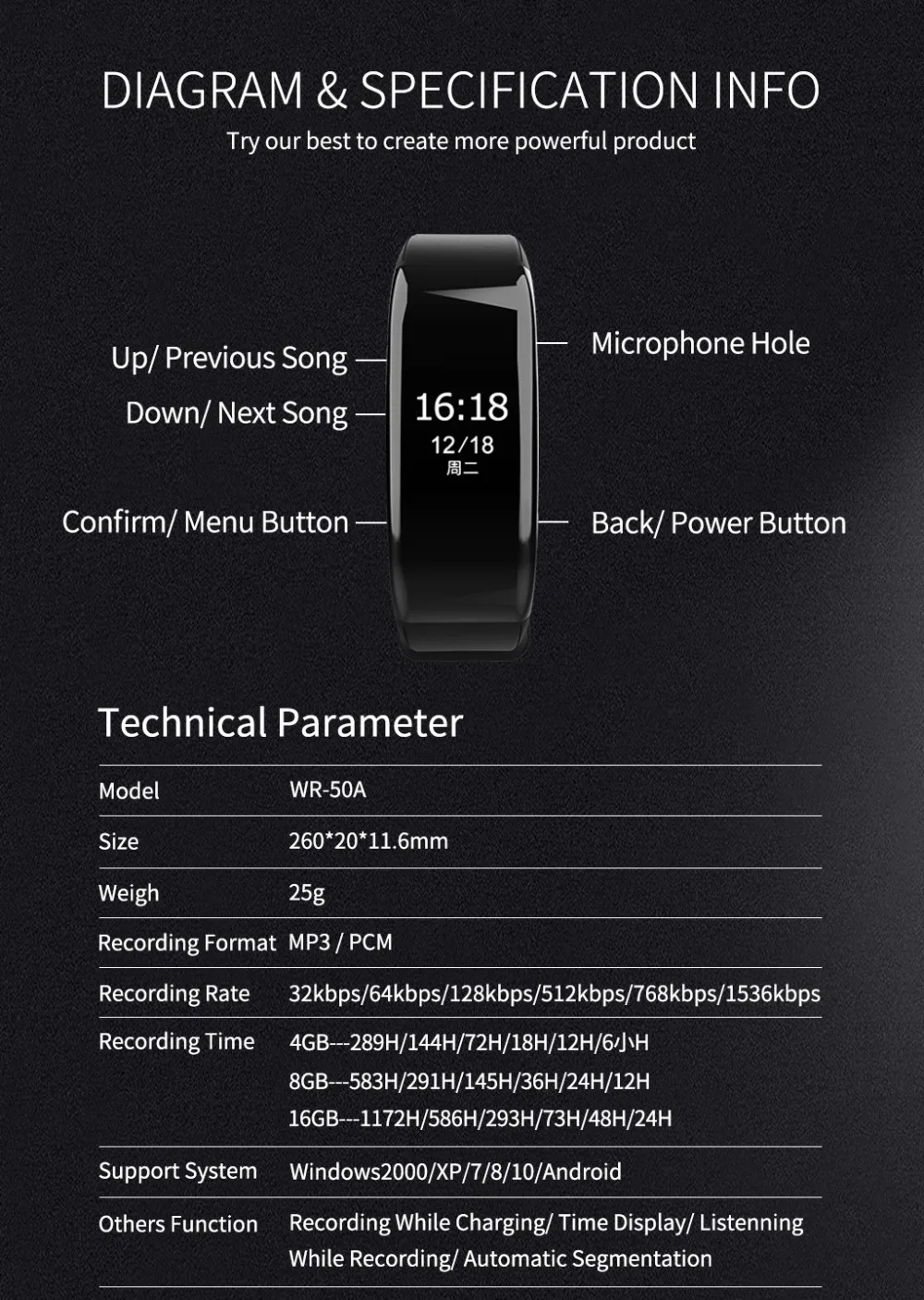 Диктофон Часы Bluetooth MP3-плеер браслет Hi-Fi шумоподавление t