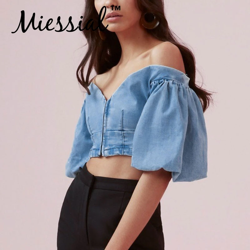 Miessial Denim off shoulder sexy crop top Lantern sleeve short tube tank women Zipper elastic party female streetwear |