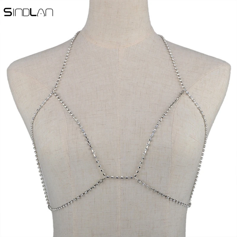 Новая мода Pop - блестящая цепочка с кристаллами Rhinestones для тела, нижнее белье, бикини, бюстгальтер, сексуальное золотое и серебряное ожерелье ювелирных изделий для женщин.