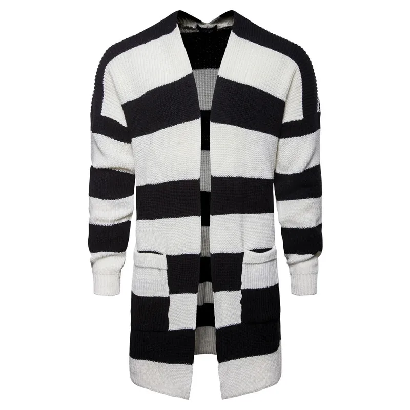

Fashion New Men Black White Patchwork Color Cardigan Men Long Striped Knit Slim Sweater Coats For Nice New Autumn Winter