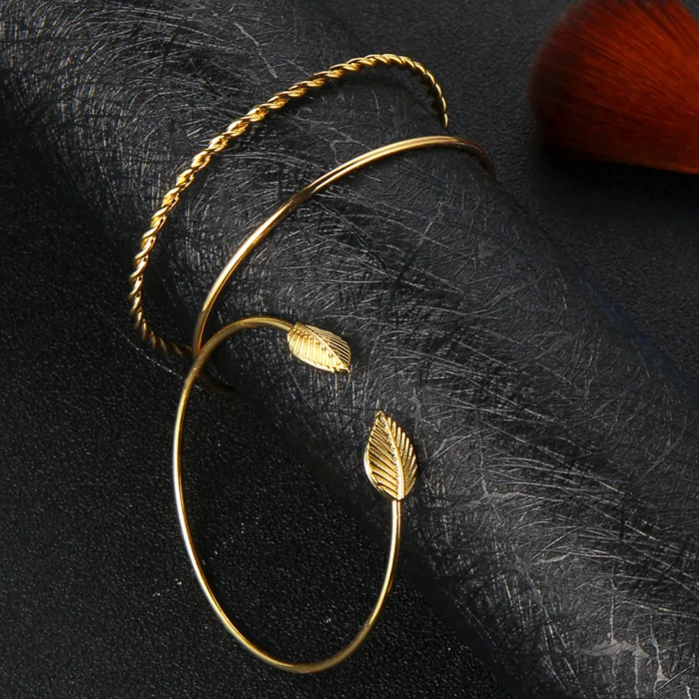3 Pcs/set Fashion Round Leaves Spiral Bangles Women Pretty Girl Punk Style Charm Bracelet Set Jewelry Statement Gift | Украшения и