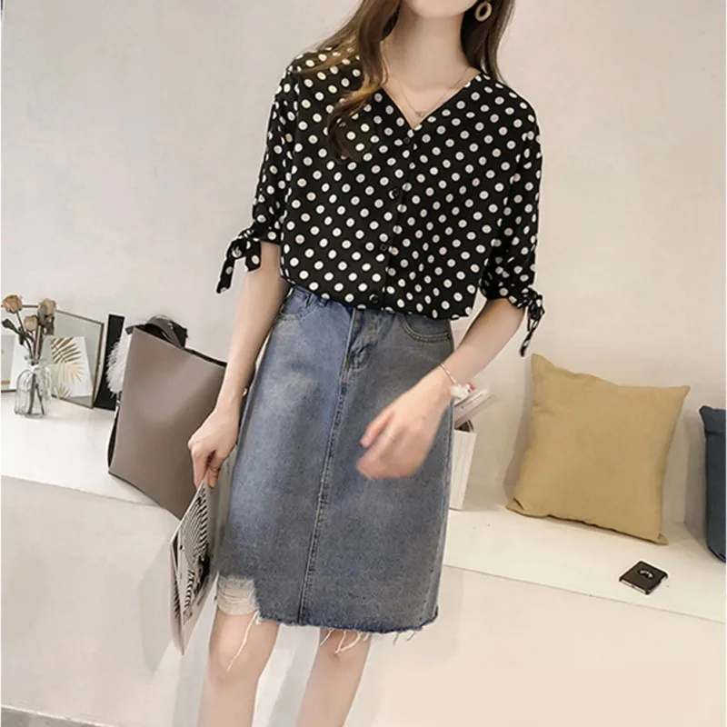 Летние топы больших размеров женские повседневные блузки в горошек рубашки