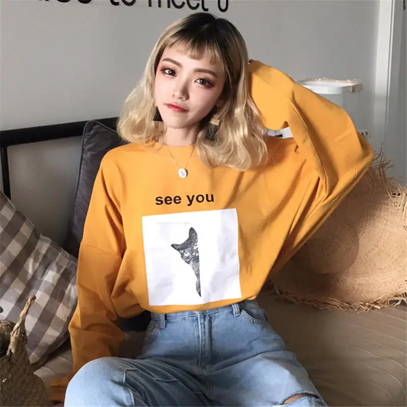 Neploe Harajuku футболка с мультяшным принтом, женские футболки с длинным рукавом, топы с o-образным вырезом, BF футболка See You, футболки 36337