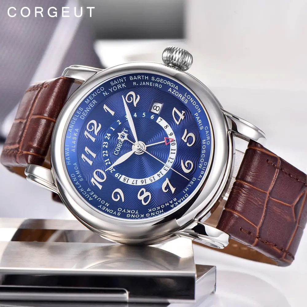 Роскошные брендовые механические часы Corgeut модные кожаные с двойным часовым