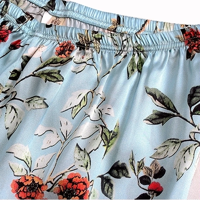 Nightgowns Women 100% Silk Nightcloth Printed Two Pieces Set Short Sleeve Elastic Waist Long Pants Loose Suits All Season