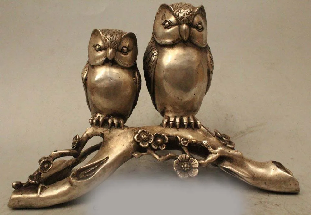 10&quot Folk Chinese Silver Sculpture Carved 2 Love Bird Scout Minerva Owl Statue | Дом и сад