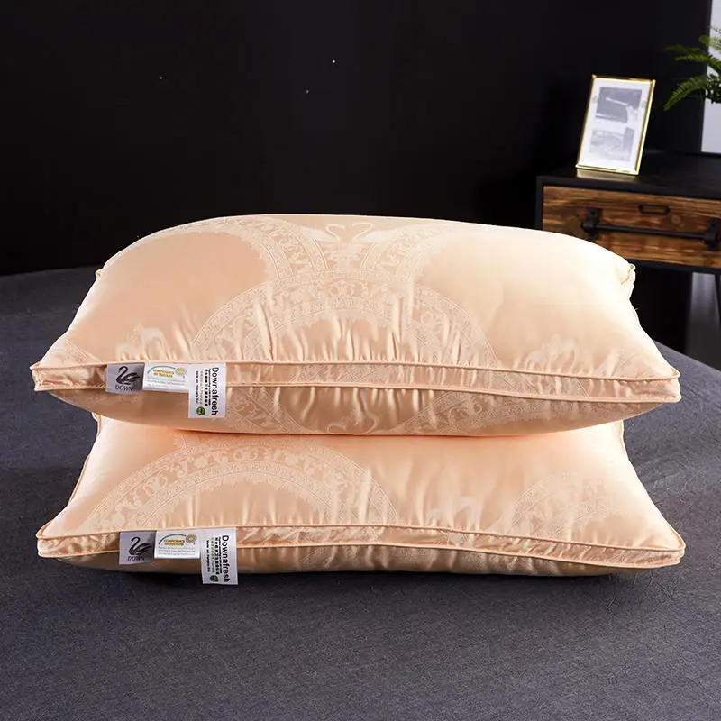 

2Pcs 48*74cm Silk Satin Soft Pillow White/Gold/Gray Goose down filler Neck Pillow comfortable sleeping almohada oreiller kussens