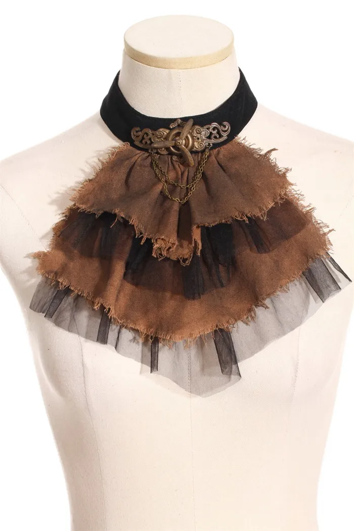 

RQ Series Steampunk Fashion Women Neck Tie O-Neck Brown&Grey Cravat With Button Linen Necktie
