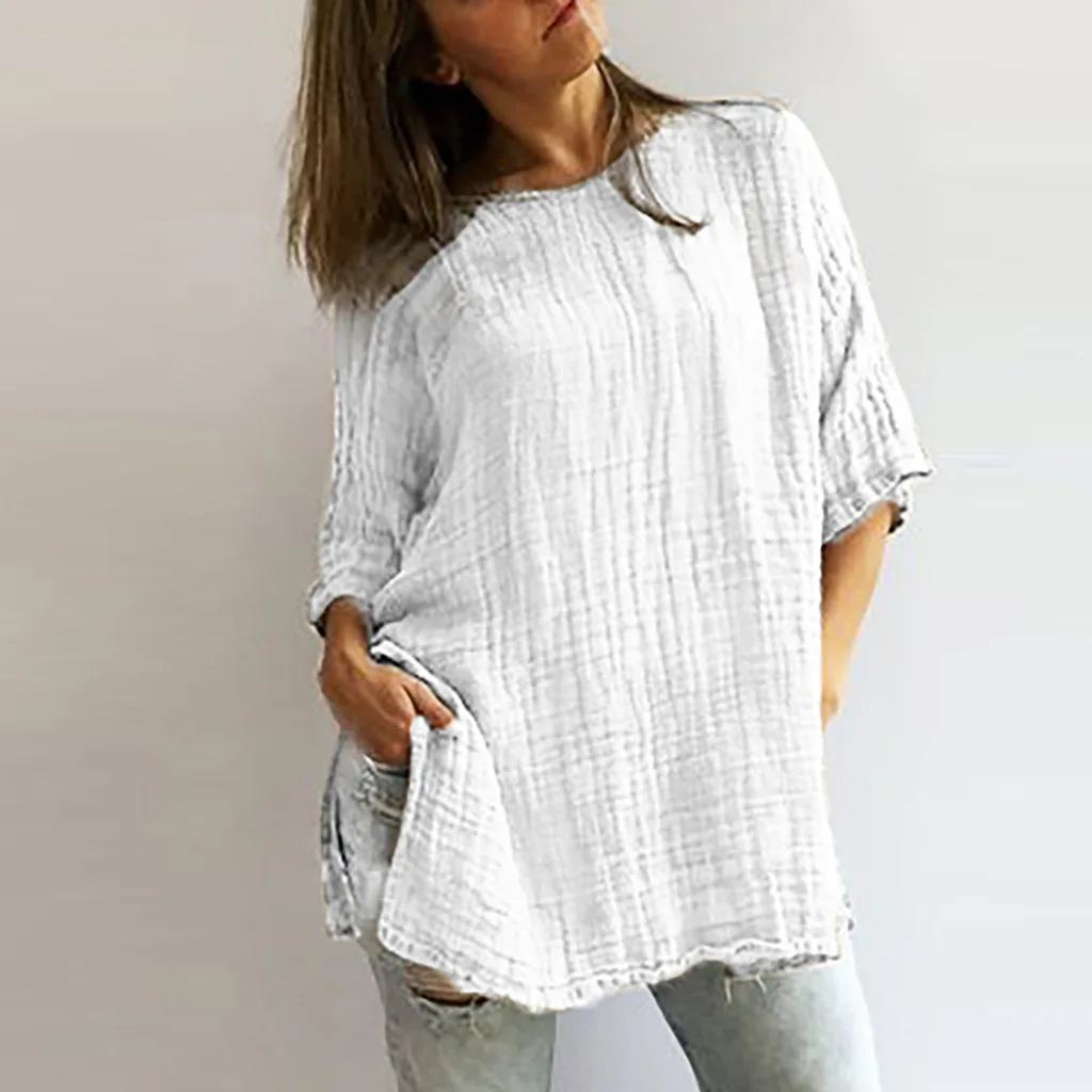 Women Tops Blouse Cotton linen Casual Clothing Round Neck Basic Tee Fashion Half Sleeves Stylish Loose Vintage |