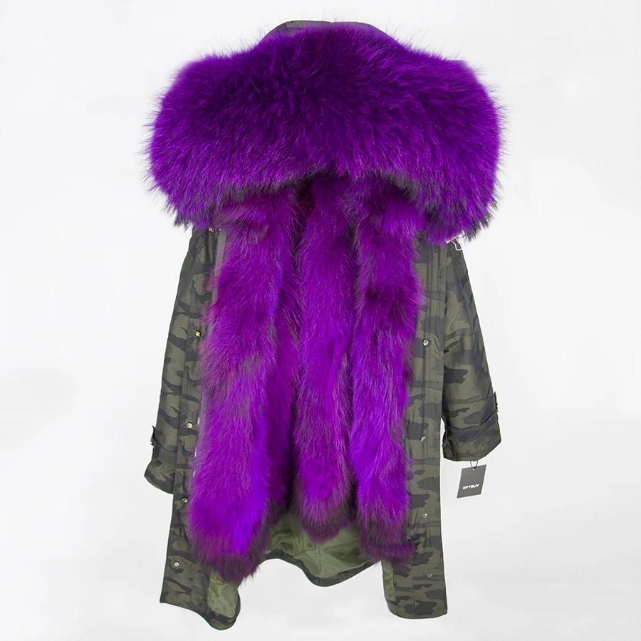 green camouflage OFTBUY, зимняя женская куртка, пальто с натуральным мехом, удлиненная Камуфляжная парка, воротник из натурального меха енота, капюшон с мехом лисы внутри, уличная одежда - Цвет: green camouflage
