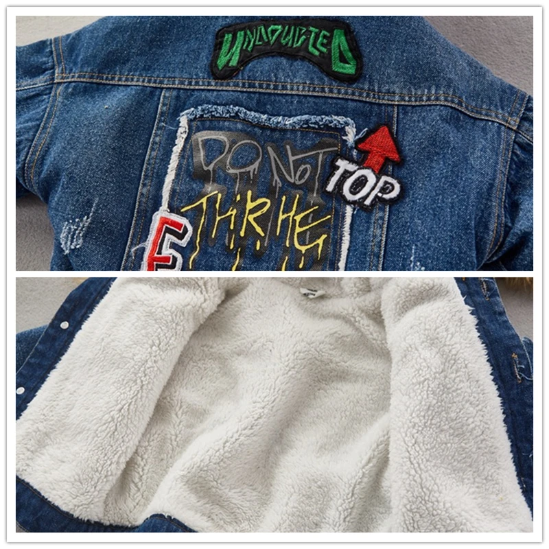 Зимняя верхняя одежда для маленьких мальчиков и детей синяя плюшевая джинсовая