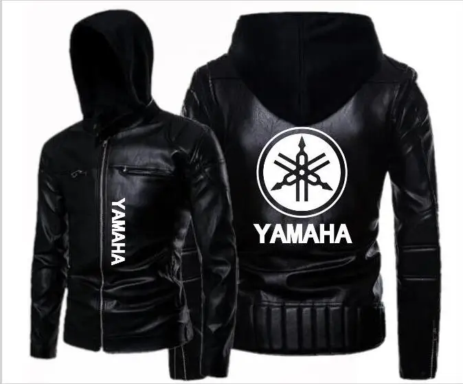 Модная Новая черная кожаная куртка с капюшоном yamaha мужская Тонкая мотоциклетная