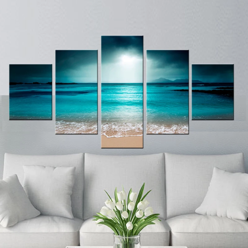 

5 Piece Wall Art Sunset Beach wall pictures for living room HD Photo on Canvas pictures for bedroom wall decorative pictures