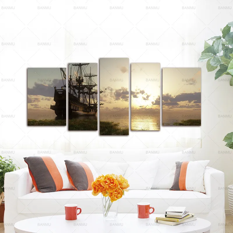5 панелей настенное Искусство Живопись фантазия корабль парус лодка в озере