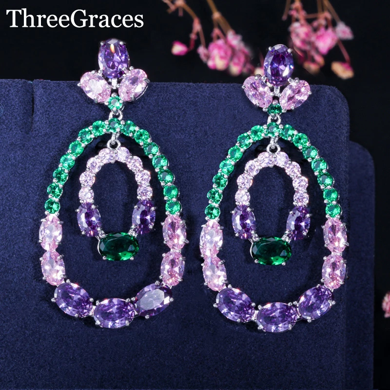 Женские серьги-капельки ThreeGraces розовые/фиолетовые/зеленые длинные серьги с