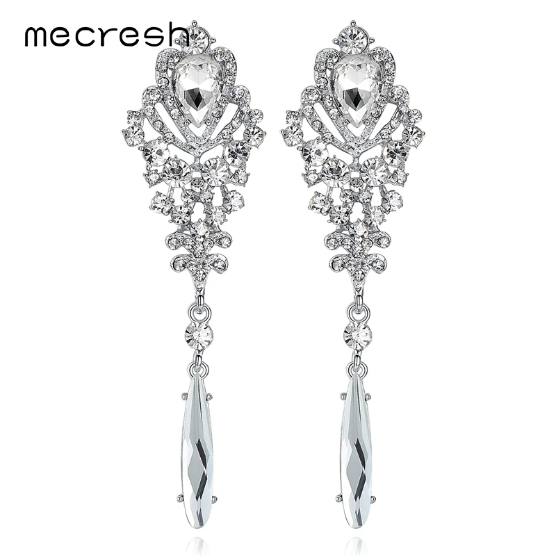 Женские серьги сердечко серебряного цвета Mecresh длинные с кристаллами для