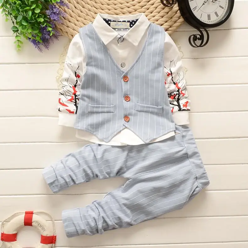 Spring Autumn New Boys Kids Clothes British Gentleman Style 3PCS Striped Vest + Printed Shirt Pants Boy Suits Formal | Детская одежда и