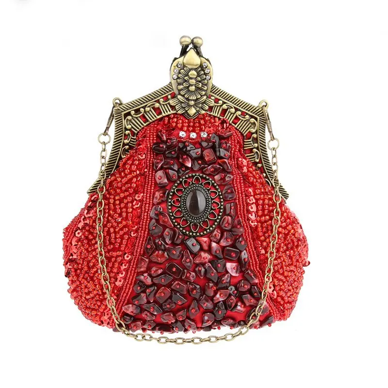 red Винтаж Для женщин Стразы Ежедневные клатчи Bling Бисер со стразами вечерние свадебные вечерние сумки в стиле ретро; с маленькой цепочкой; Сумки в комплекте с сумочками; - Цвет: red