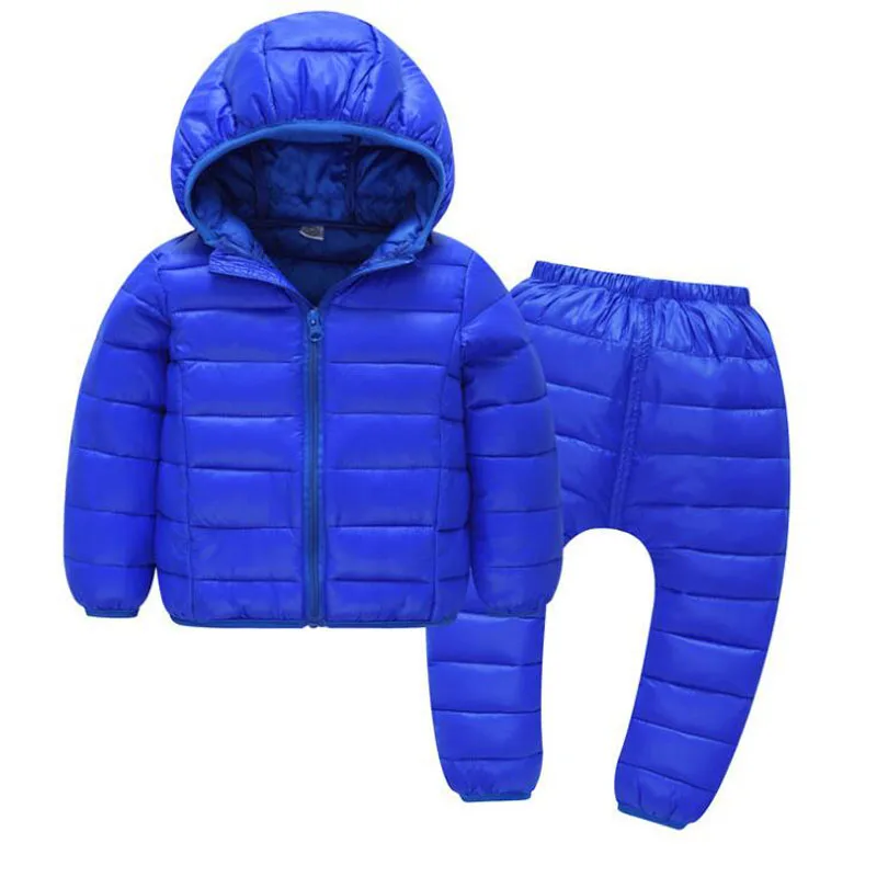 Sky Blue Set Детский комплект, комплекты одежды для мальчиков и девочек Зимний пуховик с капюшоном для детей возрастом от 2 до 5 лет+ брюки теплый зимний костюм для детей - Цвет: Sky Blue Set