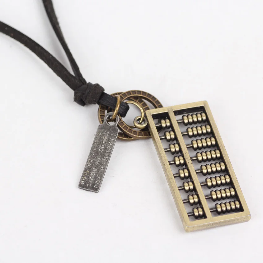 Men's Women's Unisex Circle Fashion Abacus Charm Pendant Brown Genuine Leather Necklace Cord. | Украшения и аксессуары