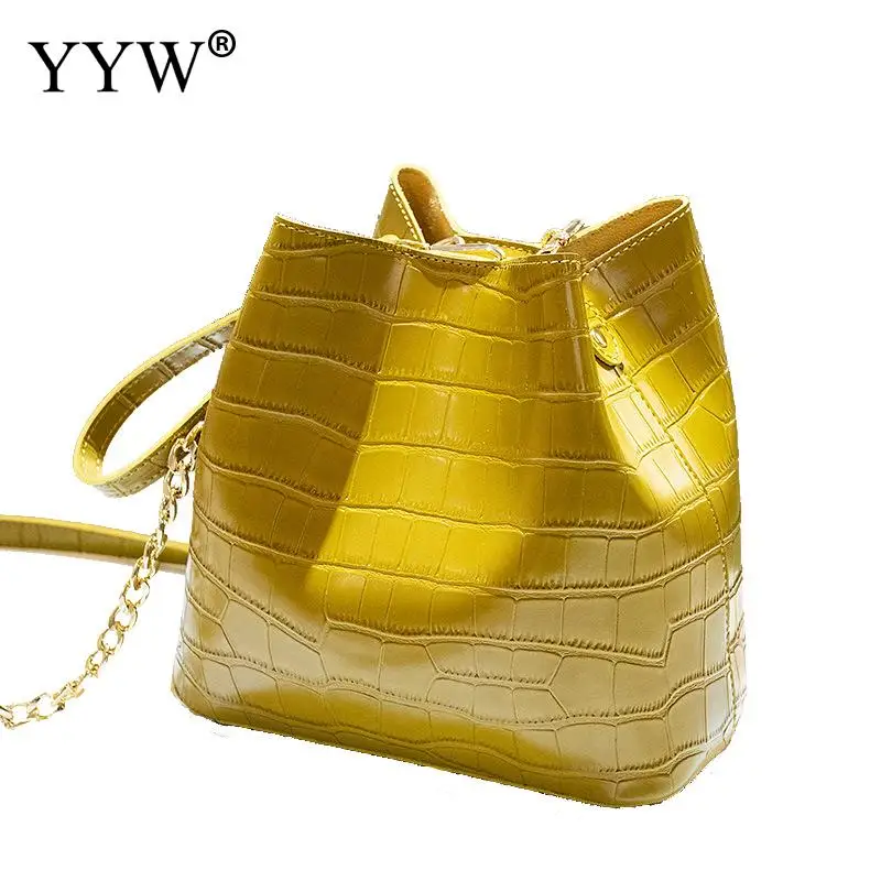 

Yellow Bucket Bag Women Famous Brand Fashion Handbags Crocodile Grain Crossbody Bags Attached With Hanging Strap Casual Clutch