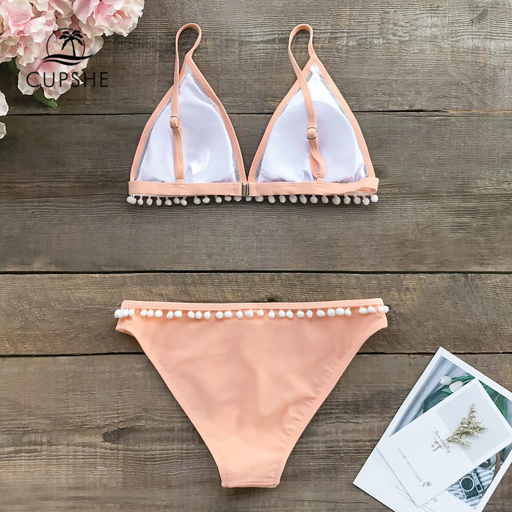 CUPSHE Peachy розовый треугольник бикини с помпонами милые дамы купальник из двух