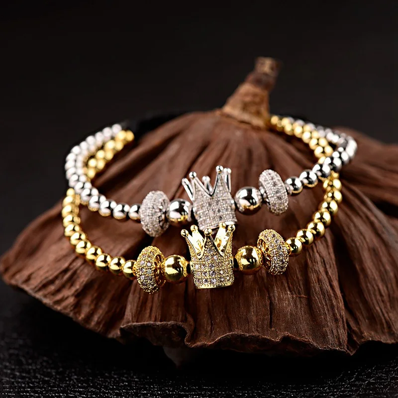 Новый дизайн роскошный золотой Корона Белый Циркон CZ мужской плетеный браслет