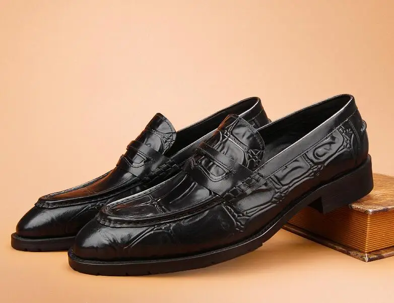 Men's Dress Shoes Genuine Leather Slip On Flats Loafers Smart Casual Alligator Pattern Pleated Summer Moccasins Wedding Oxfords | Обувь
