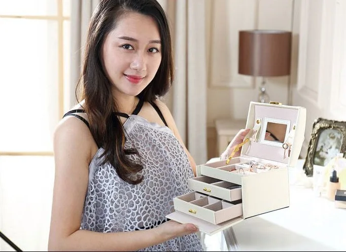 

Fashion Pu leather jewelry box three layers double drawer princess jewelry storage box