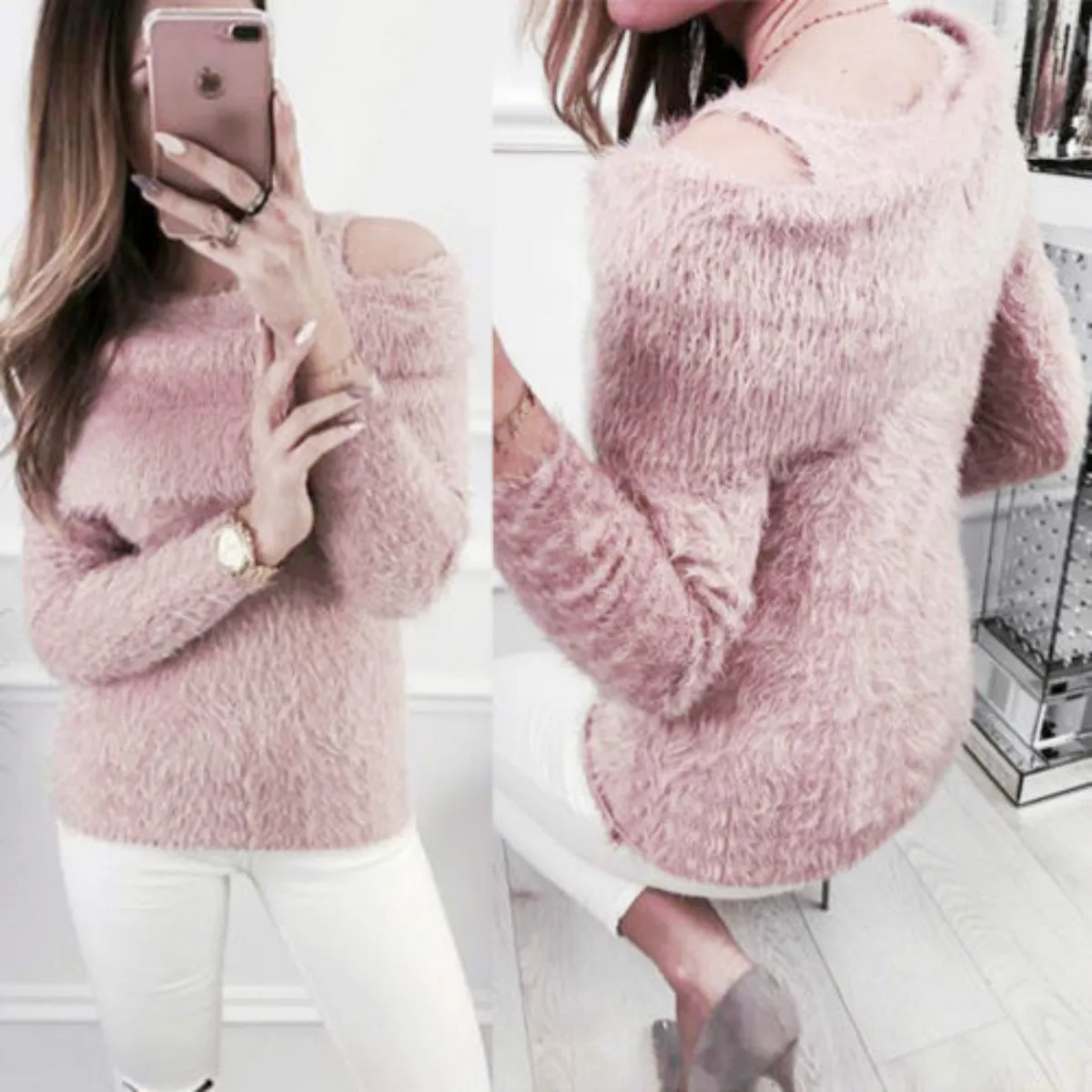 Sweater 2018 New Brand Women Fluffy Fuzzy Shaggy Long Sleeve Casual Plain Velvet Pullover Jumper Top | Женская одежда