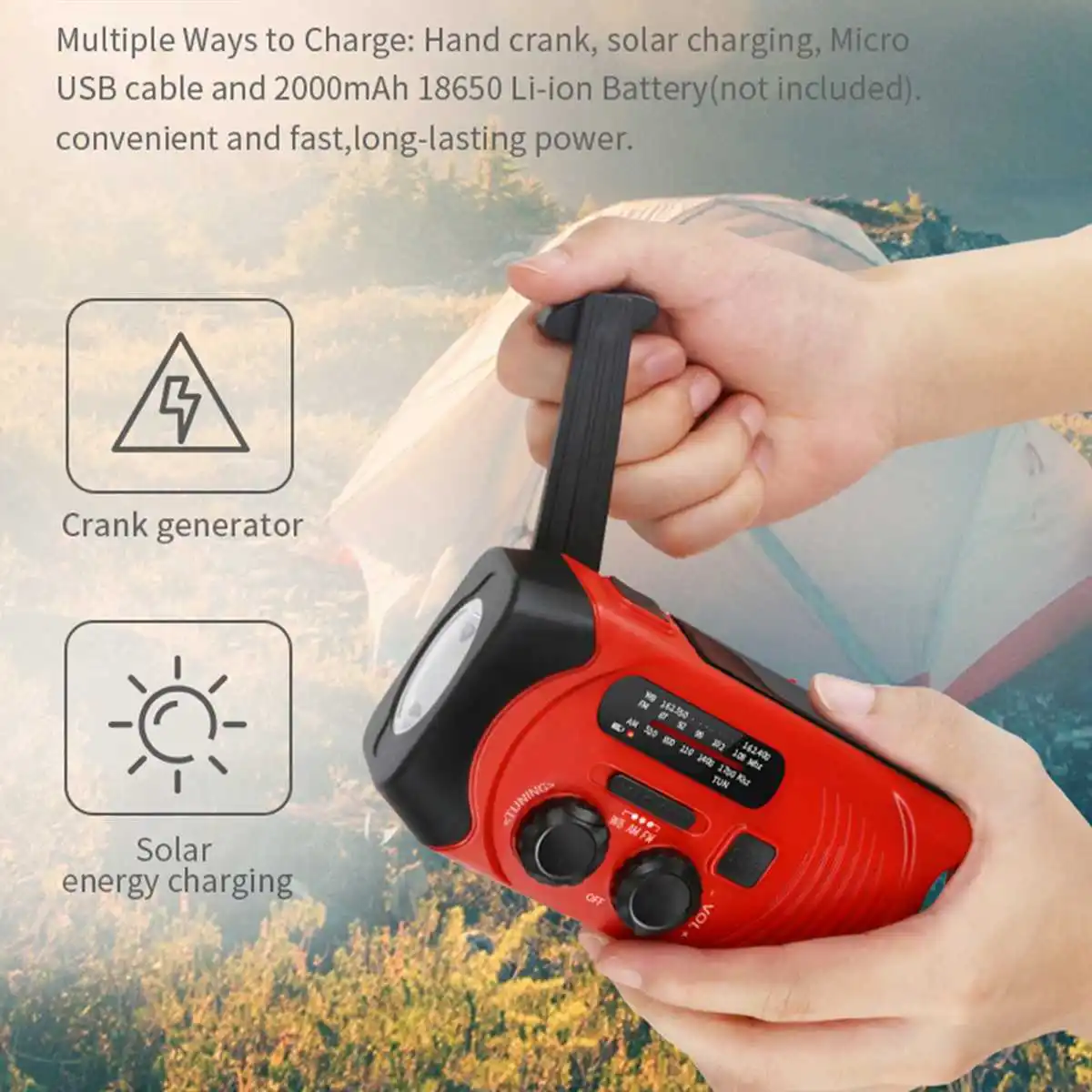 Global Weather Radio Receiver AM WB FM Radio Flashlight Hand Crank Solar Solar Panel Rechargeable 2000mAh Power Bank