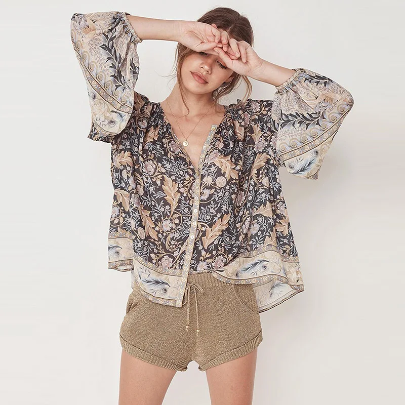 Женская блузка в стиле бохо с v образным вырезом и цветочным принтом свободная