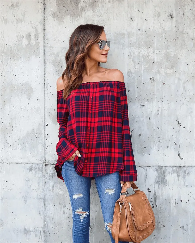 2018 Spring Autumn Women Casual Plaid Off Shoulder Blouse Shirts Fashion Button Red Classical Long Sleeve Tops |
