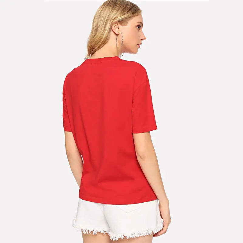 SHEIN Футболка С Текстовым Принтом И Коротким Рукавом Женские Летние Пуловеры С Круглым Вырезом С Коротким Рукавом