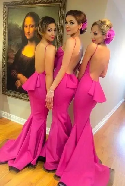 

Unique backless Mermaid Draped Spaghetti Straps Bridesmaid Dresses 2016 Maid Of Honor Gowns Beautiful Designer Dress ZJ012